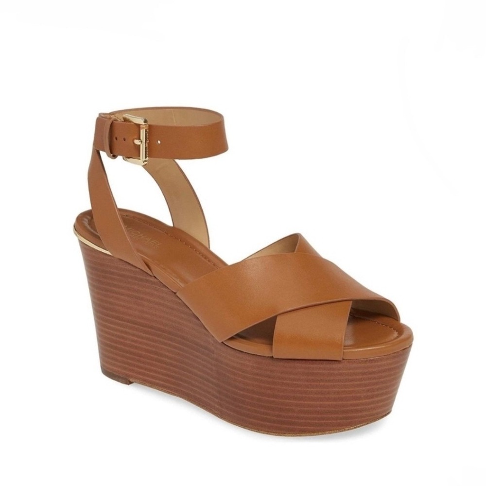 Michael Kors Abbott Wedge Sandals Womens 10 Brown Leather Platform Fair